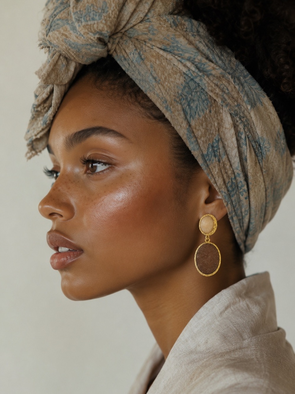 Gold Double Druzy Earrings with Brown and Cream Inset